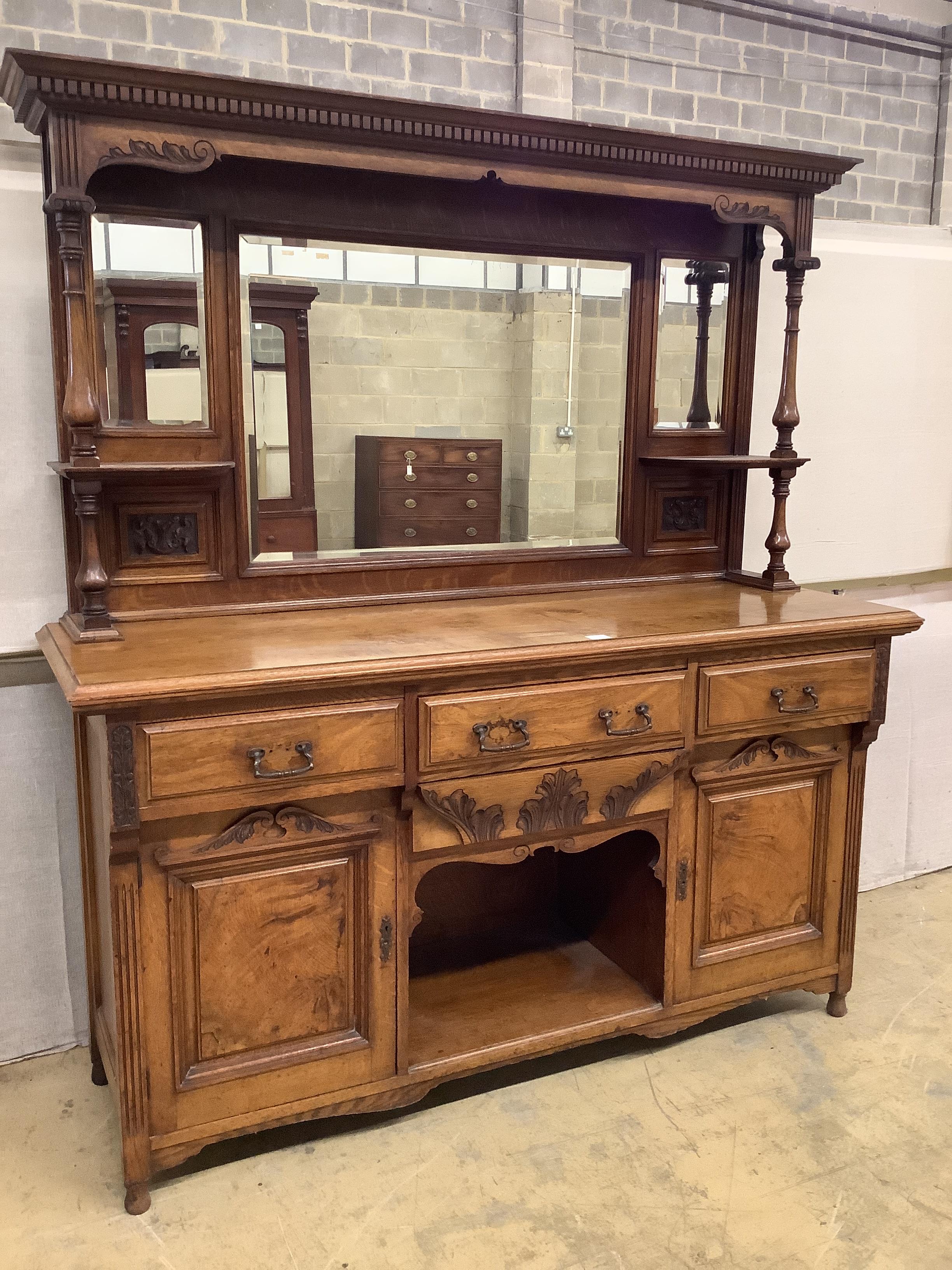 A late Victorian oak and pollarded oak mirror back sideboard, width 166cm, depth 57cm, height 187cm